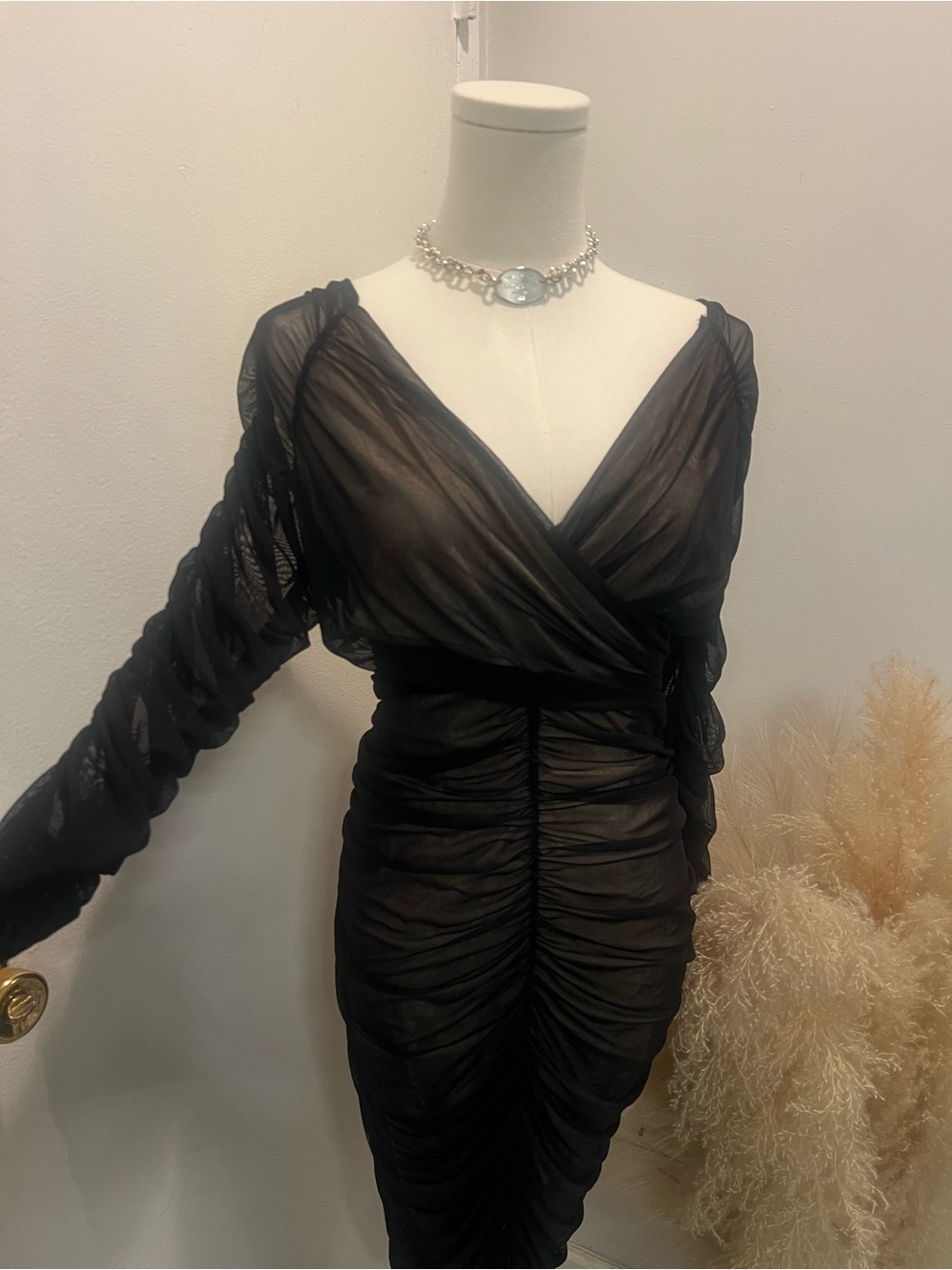 Black Ruched Sheer Wrap Midi Dress - Women